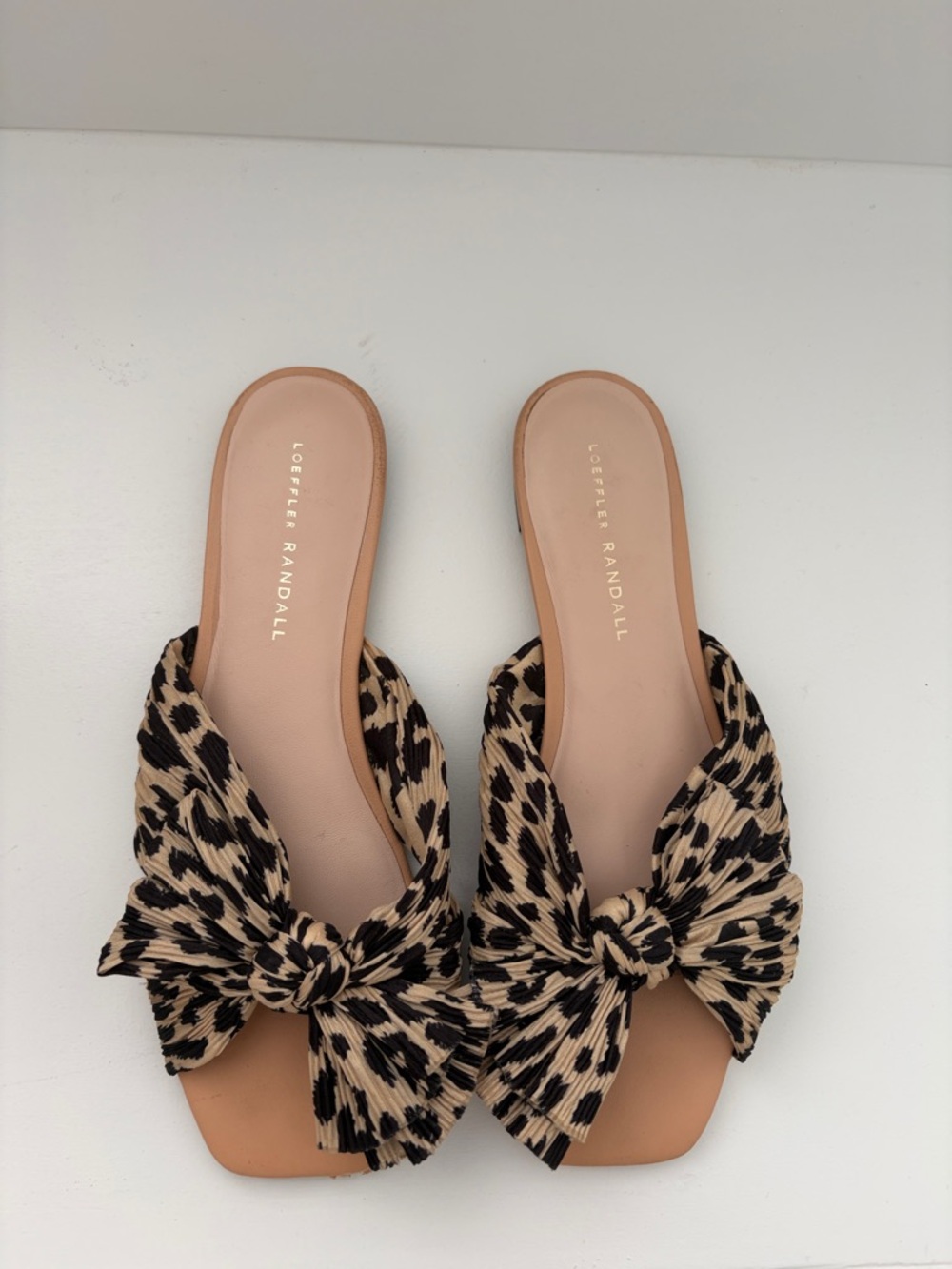 Loeffler Randall Leopard Knot Bow Slide Mules in Beige Black